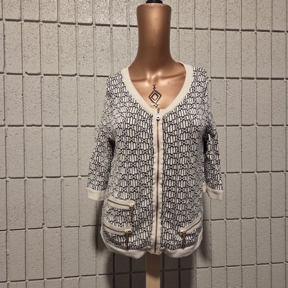 Minnie Rose Cream and Black Geometric Zip Front Cardigan